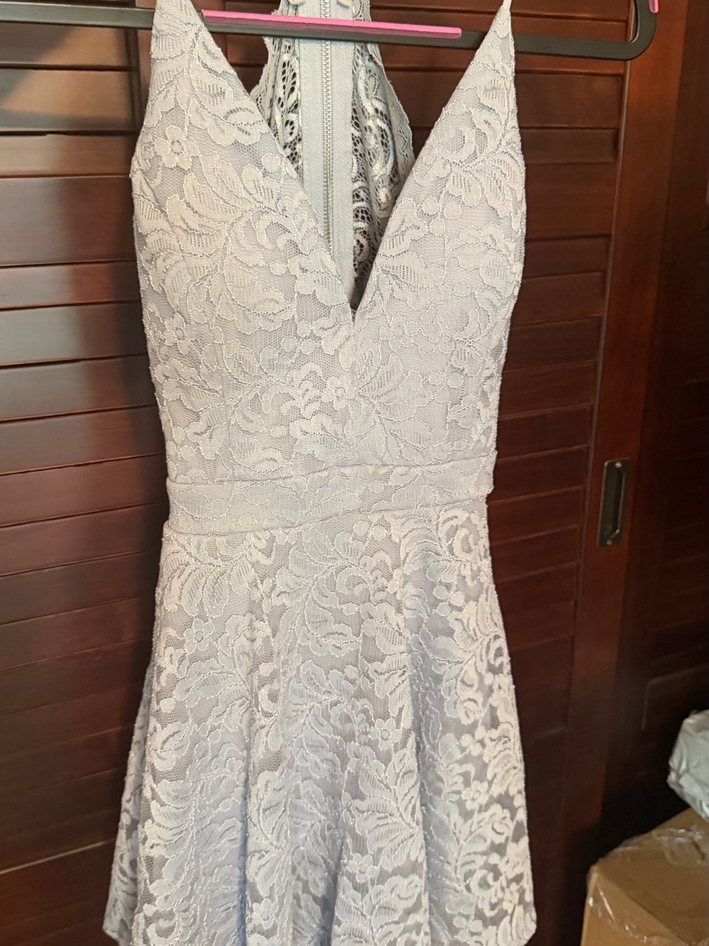 Lace V-Neck A-Line Mini Dress in Light Blue Windsor Small